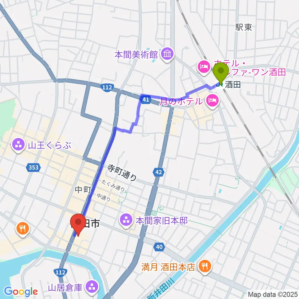 酒田市民会館 希望ホールの最寄駅酒田駅からの徒歩ルート（約21分）地図