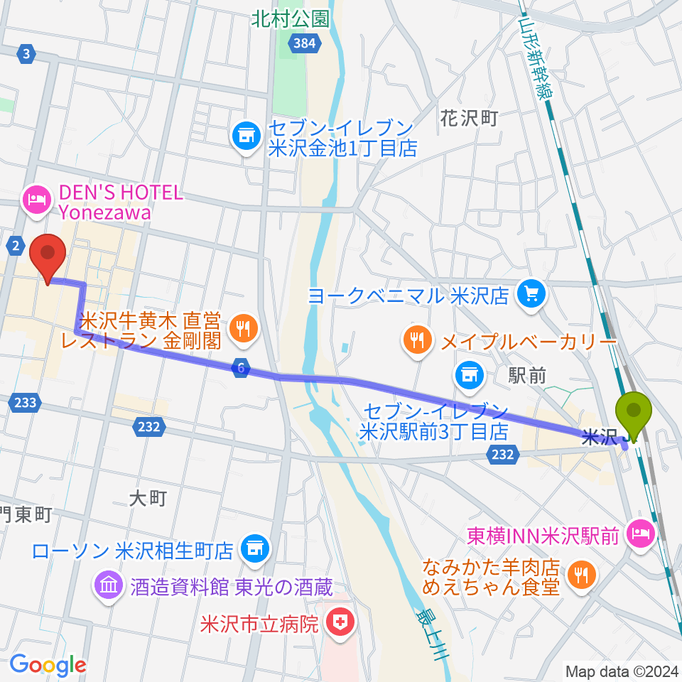 米沢市市民文化会館の最寄駅米沢駅からの徒歩ルート（約27分）地図