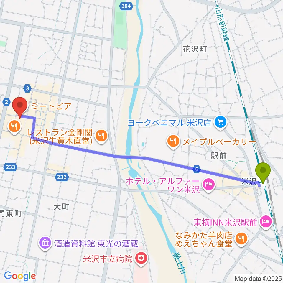 米沢市市民文化会館の最寄駅米沢駅からの徒歩ルート（約27分）地図