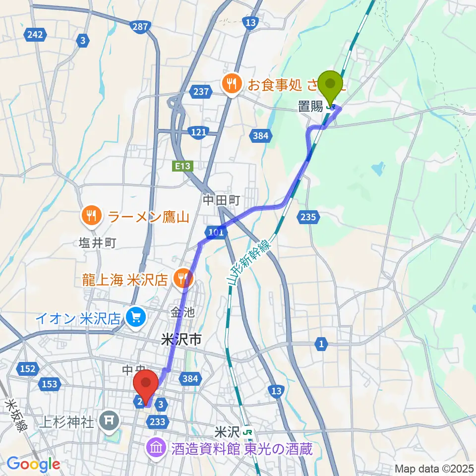 置賜駅から米沢市市民文化会館へのルートマップ地図