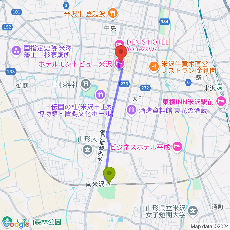 南米沢駅から米沢市市民文化会館へのルートマップ地図