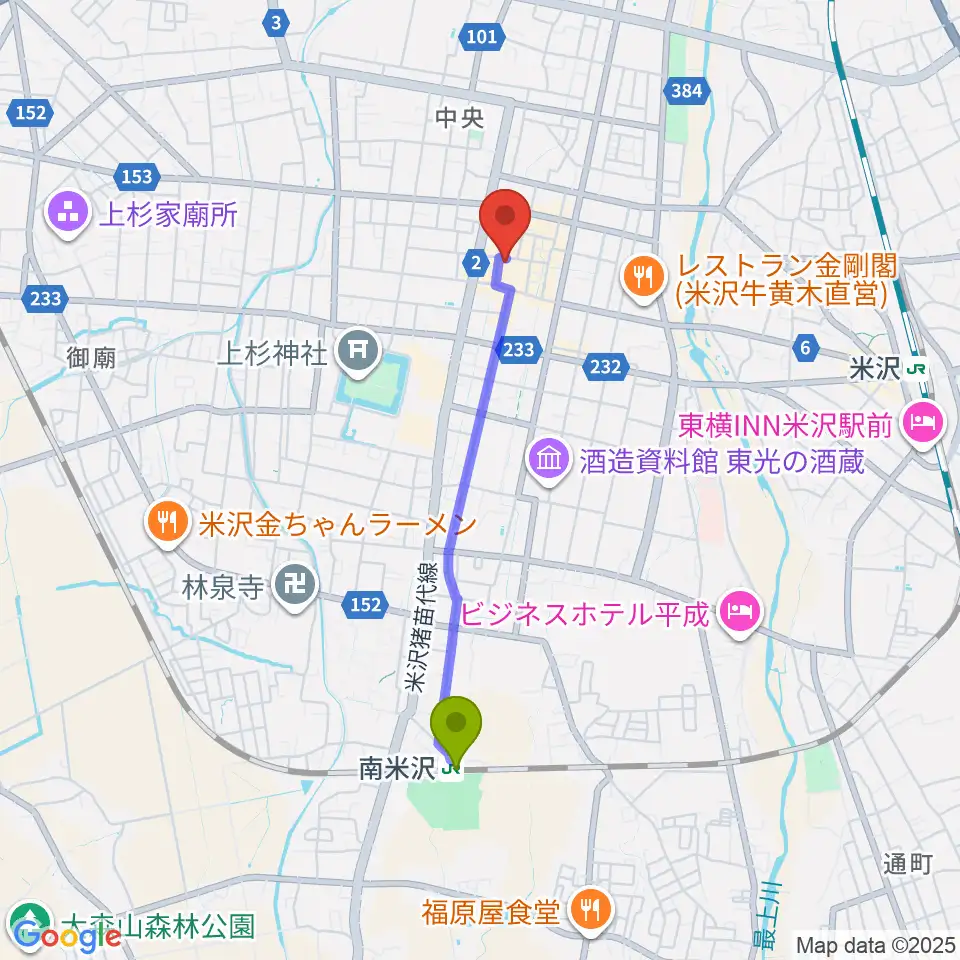 南米沢駅から米沢市市民文化会館へのルートマップ地図