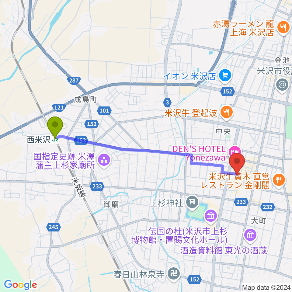 西米沢駅から米沢市市民文化会館へのルートマップ地図