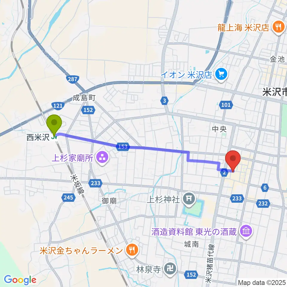 西米沢駅から米沢市市民文化会館へのルートマップ地図