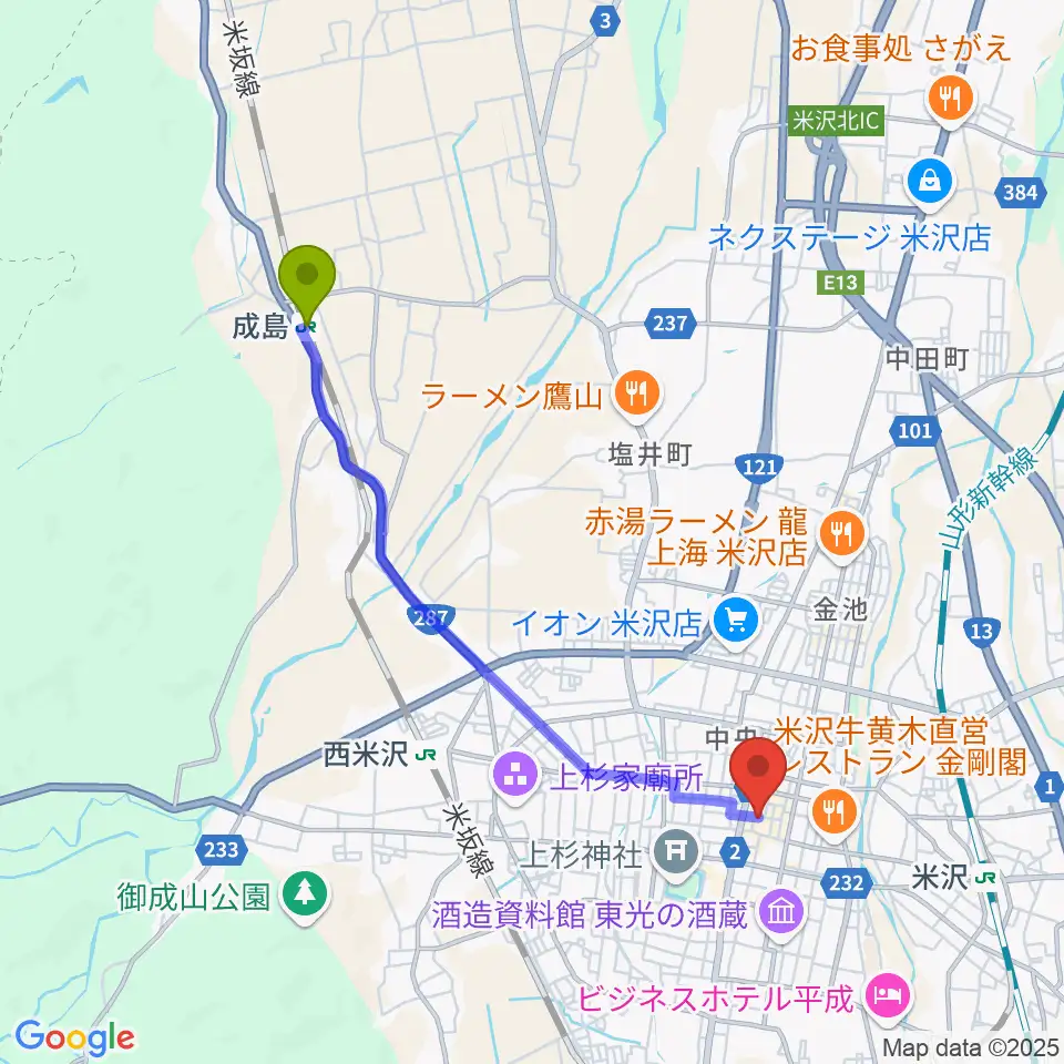 成島駅から米沢市市民文化会館へのルートマップ地図