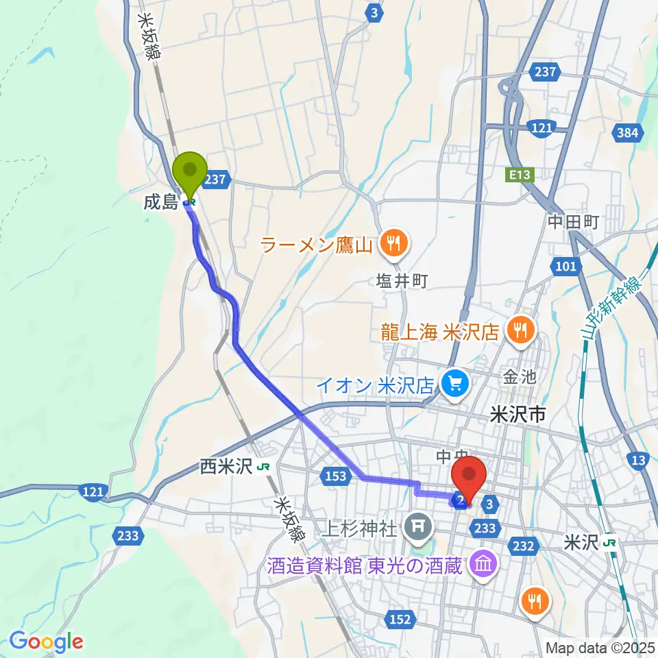 成島駅から米沢市市民文化会館へのルートマップ地図