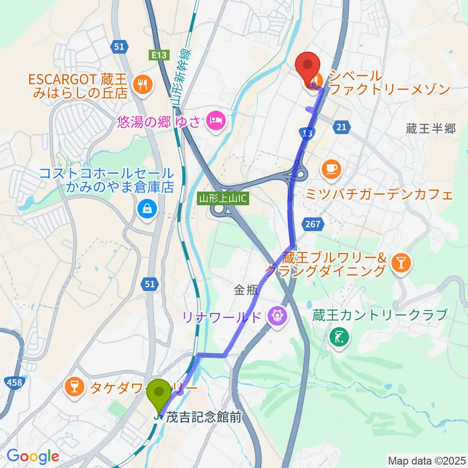 茂吉記念館前駅から東ソーアリーナへのルートマップ地図