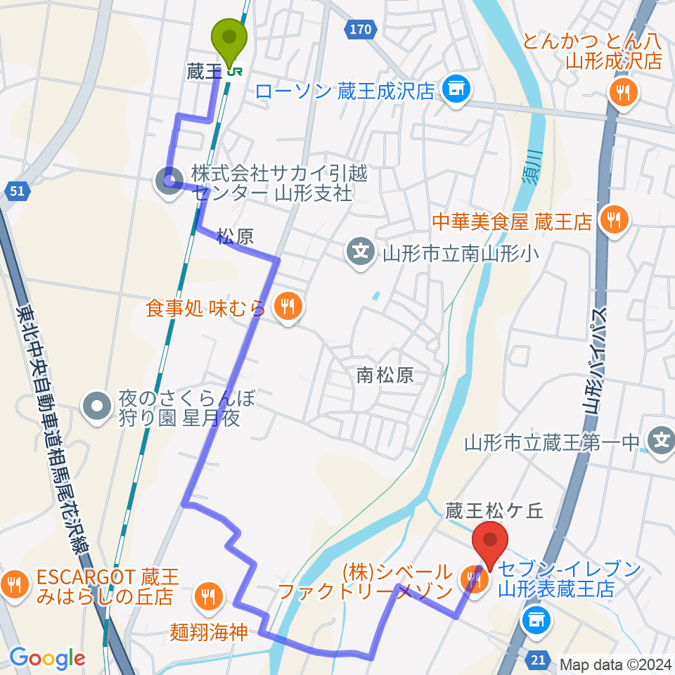 東ソーアリーナの最寄駅蔵王駅からの徒歩ルート（約25分）地図