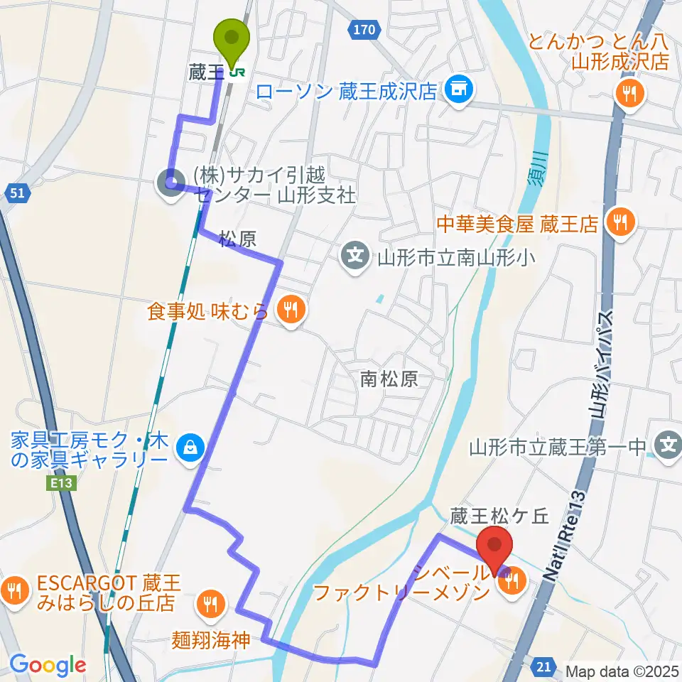 東ソーアリーナの最寄駅蔵王駅からの徒歩ルート（約25分）地図