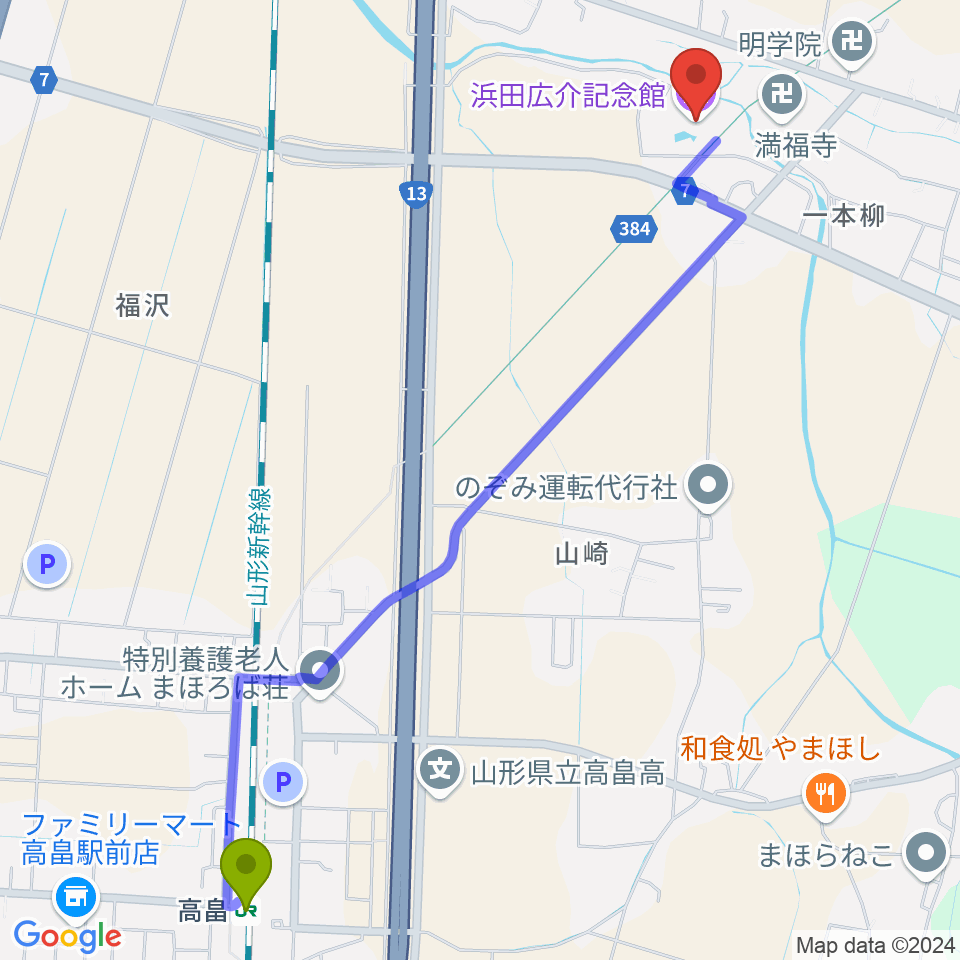 浜田広介記念館の最寄駅高畠駅からの徒歩ルート（約28分）地図