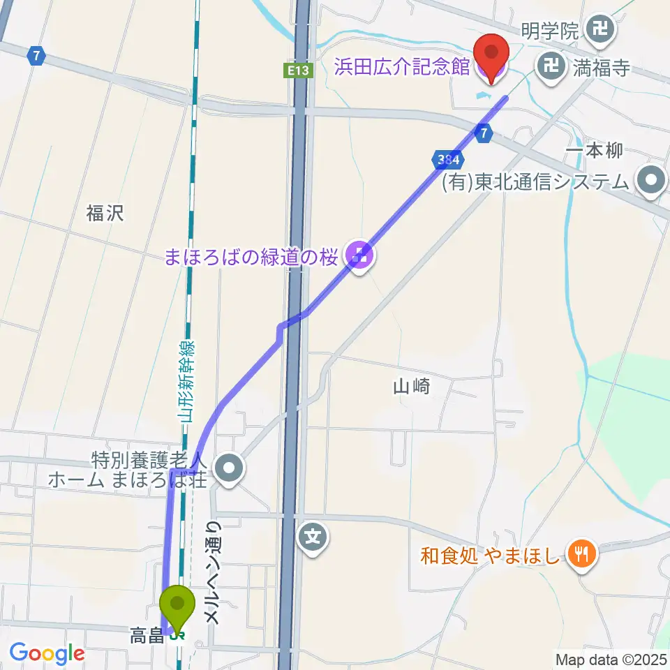 浜田広介記念館の最寄駅高畠駅からの徒歩ルート（約28分）地図
