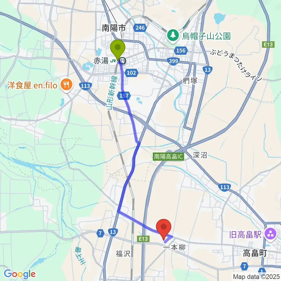 赤湯駅から浜田広介記念館へのルートマップ地図