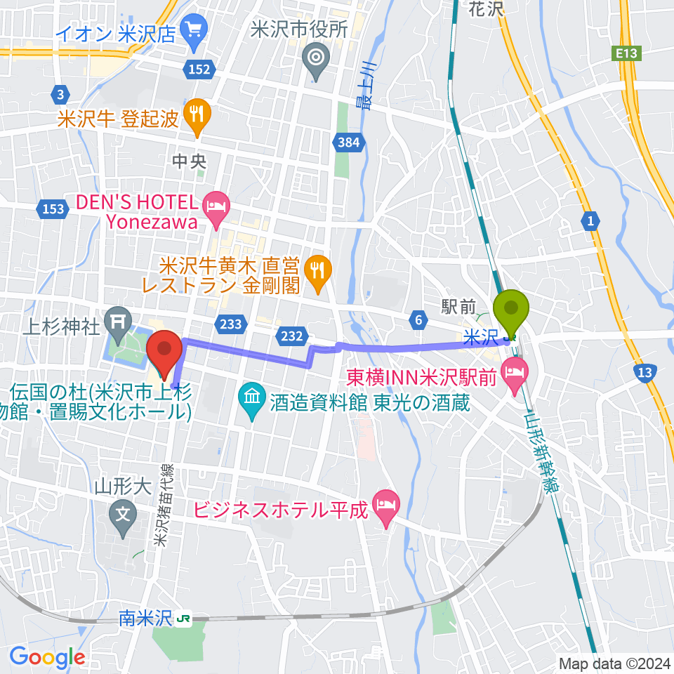 米沢駅から伝国の杜 置賜文化ホールへのルートマップ地図
