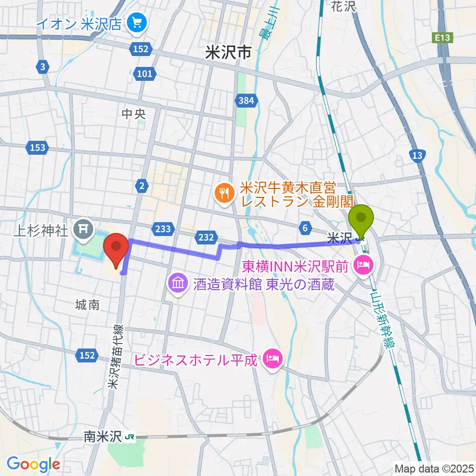米沢駅から伝国の杜 置賜文化ホールへのルートマップ地図