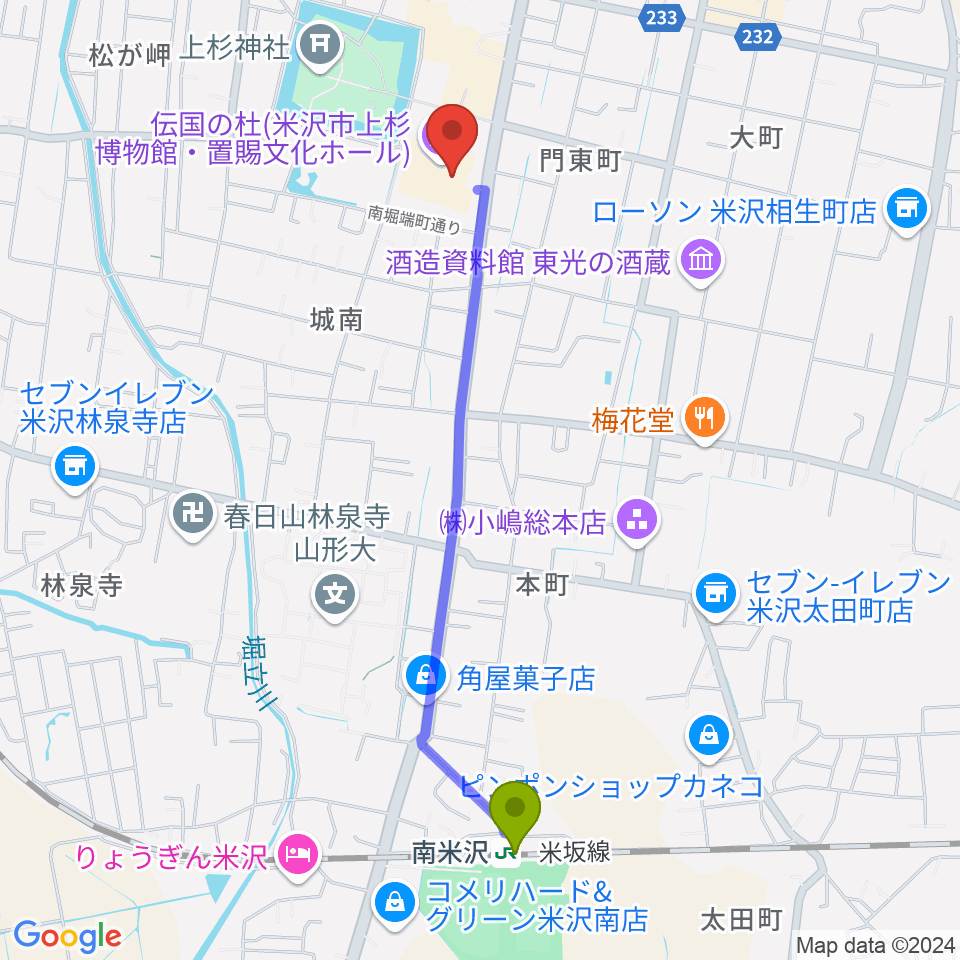 伝国の杜 置賜文化ホールの最寄駅南米沢駅からの徒歩ルート（約21分）地図