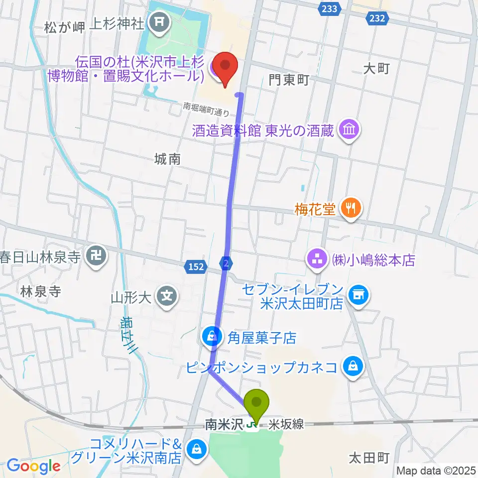 伝国の杜 置賜文化ホールの最寄駅南米沢駅からの徒歩ルート（約21分）地図