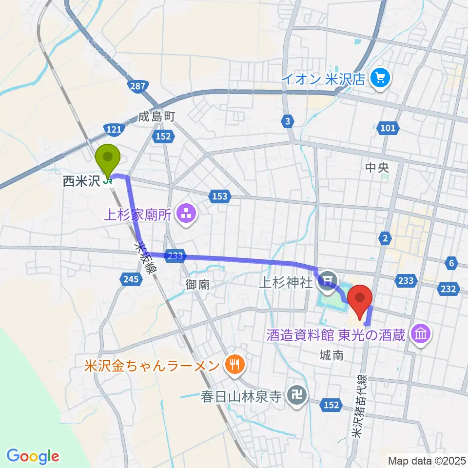 西米沢駅から伝国の杜 置賜文化ホールへのルートマップ地図