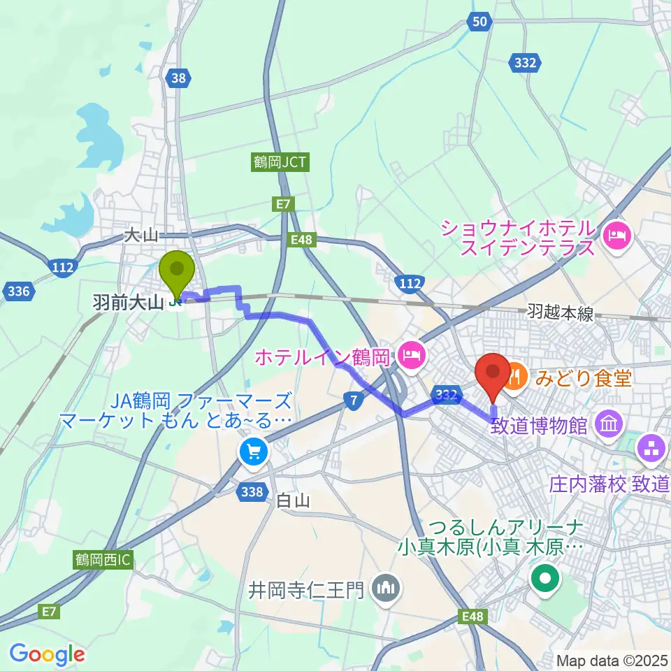 羽前大山駅から鶴岡市中央公民館へのルートマップ地図