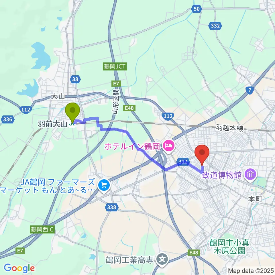 羽前大山駅から鶴岡市中央公民館へのルートマップ地図
