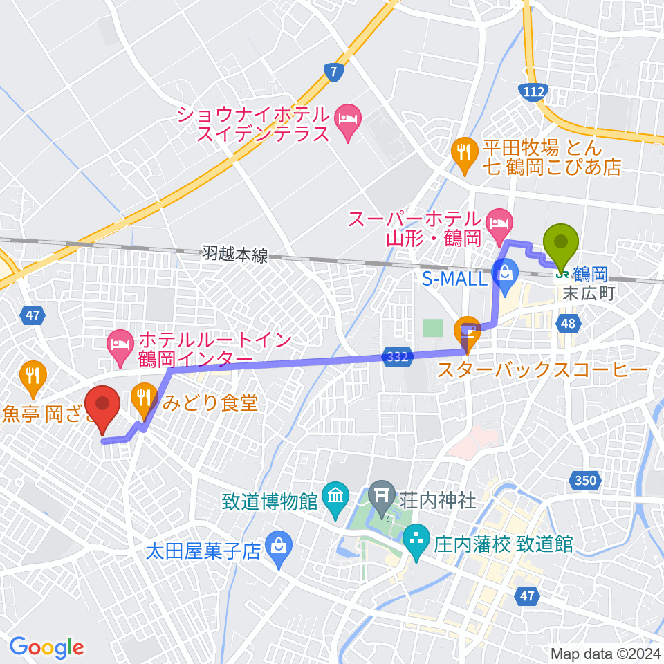 鶴岡市中央公民館の最寄駅鶴岡駅からの徒歩ルート（約44分）地図