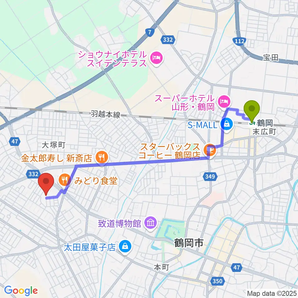 鶴岡市中央公民館の最寄駅鶴岡駅からの徒歩ルート（約44分）地図