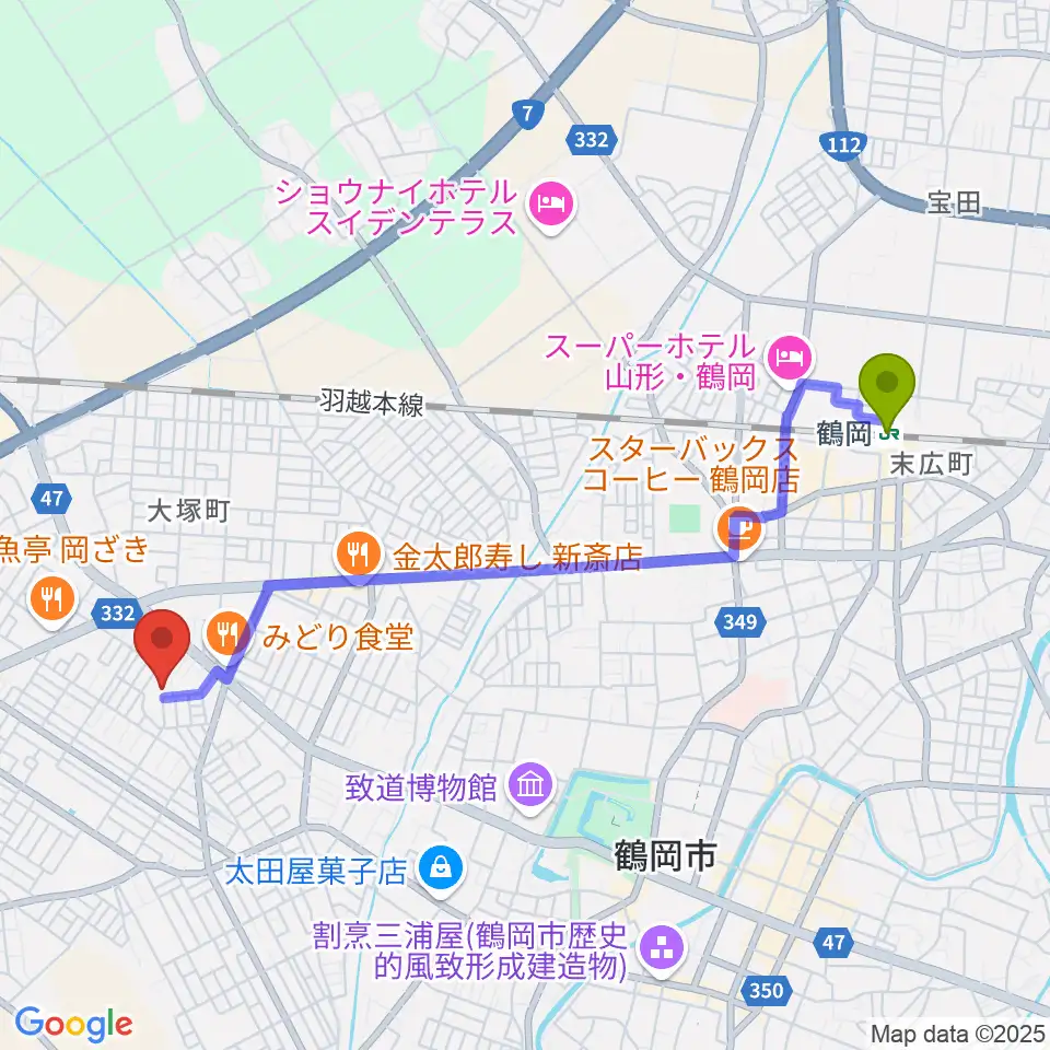 鶴岡市中央公民館の最寄駅鶴岡駅からの徒歩ルート（約44分）地図