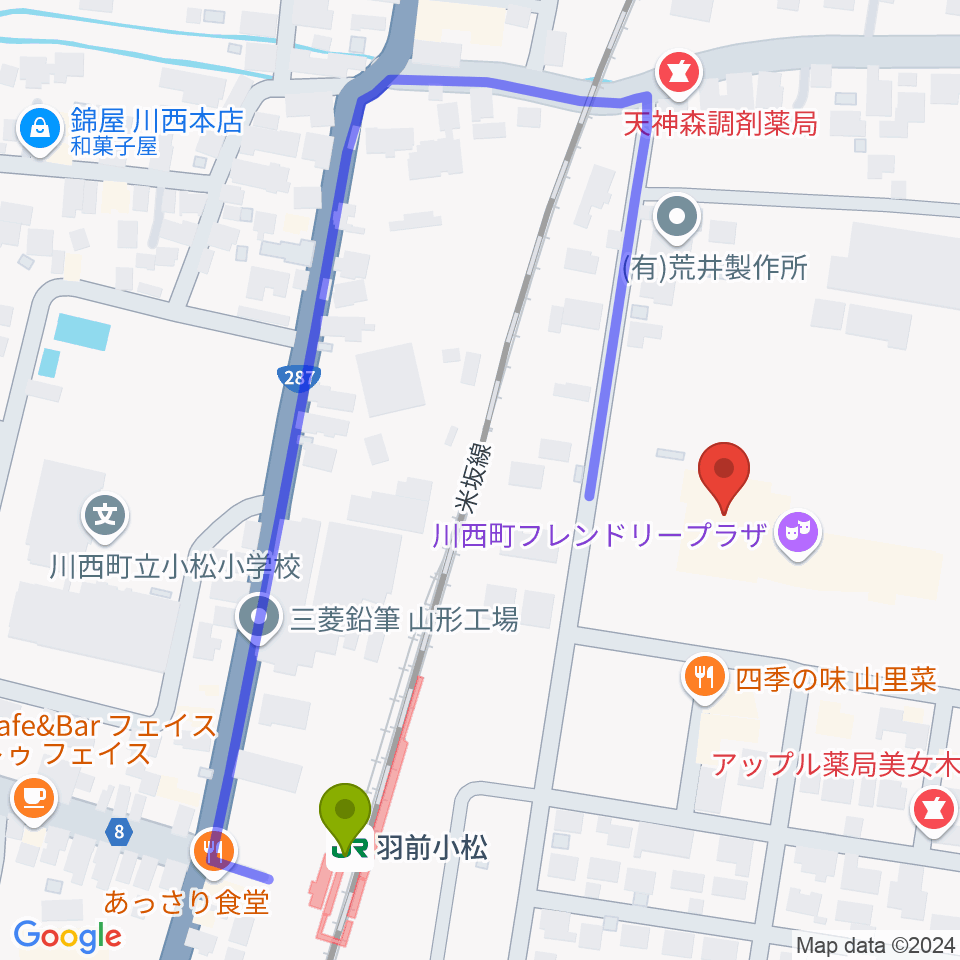 川西町フレンドリープラザの最寄駅羽前小松駅からの徒歩ルート（約4分）地図