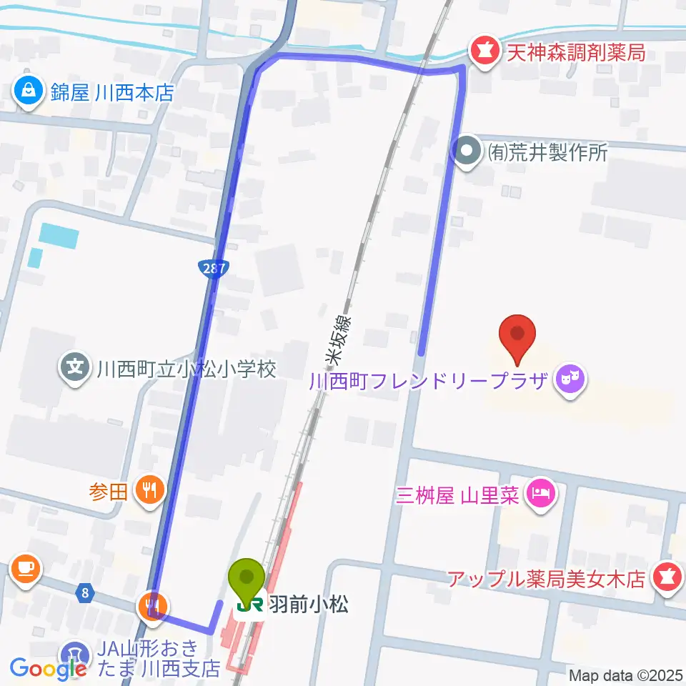 川西町フレンドリープラザの最寄駅羽前小松駅からの徒歩ルート（約4分）地図