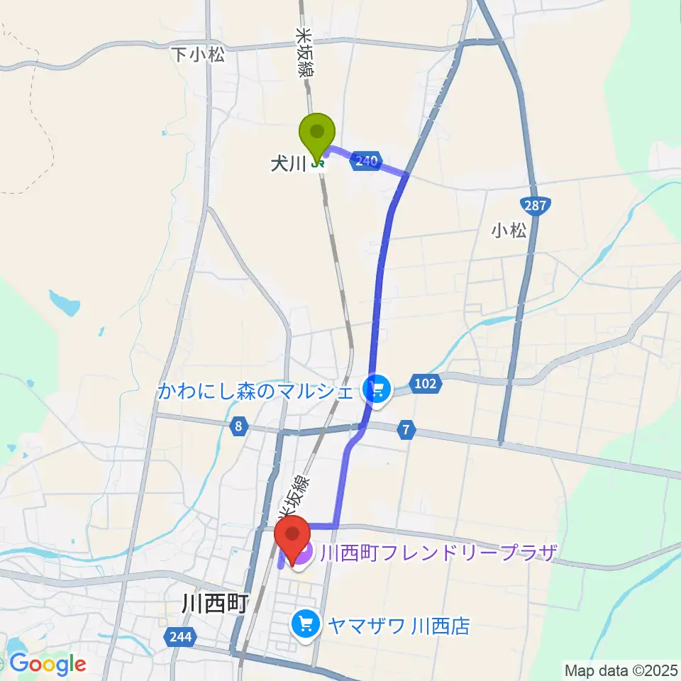 犬川駅から川西町フレンドリープラザへのルートマップ地図