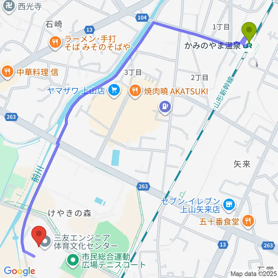 三友エンジニア体育文化センターの最寄駅かみのやま温泉駅からの徒歩ルート（約16分）地図
