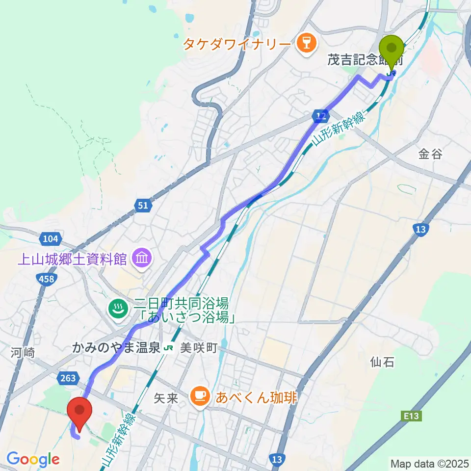 茂吉記念館前駅から三友エンジニア体育文化センターへのルートマップ地図