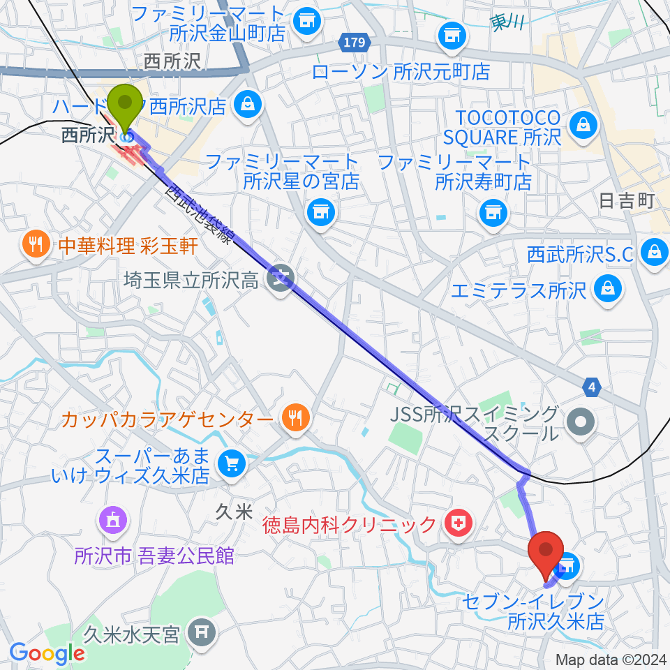 西所沢駅から清水利憲ギター教室へのルートマップ地図