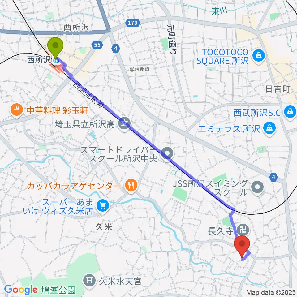 西所沢駅から清水利憲ギター教室へのルートマップ地図