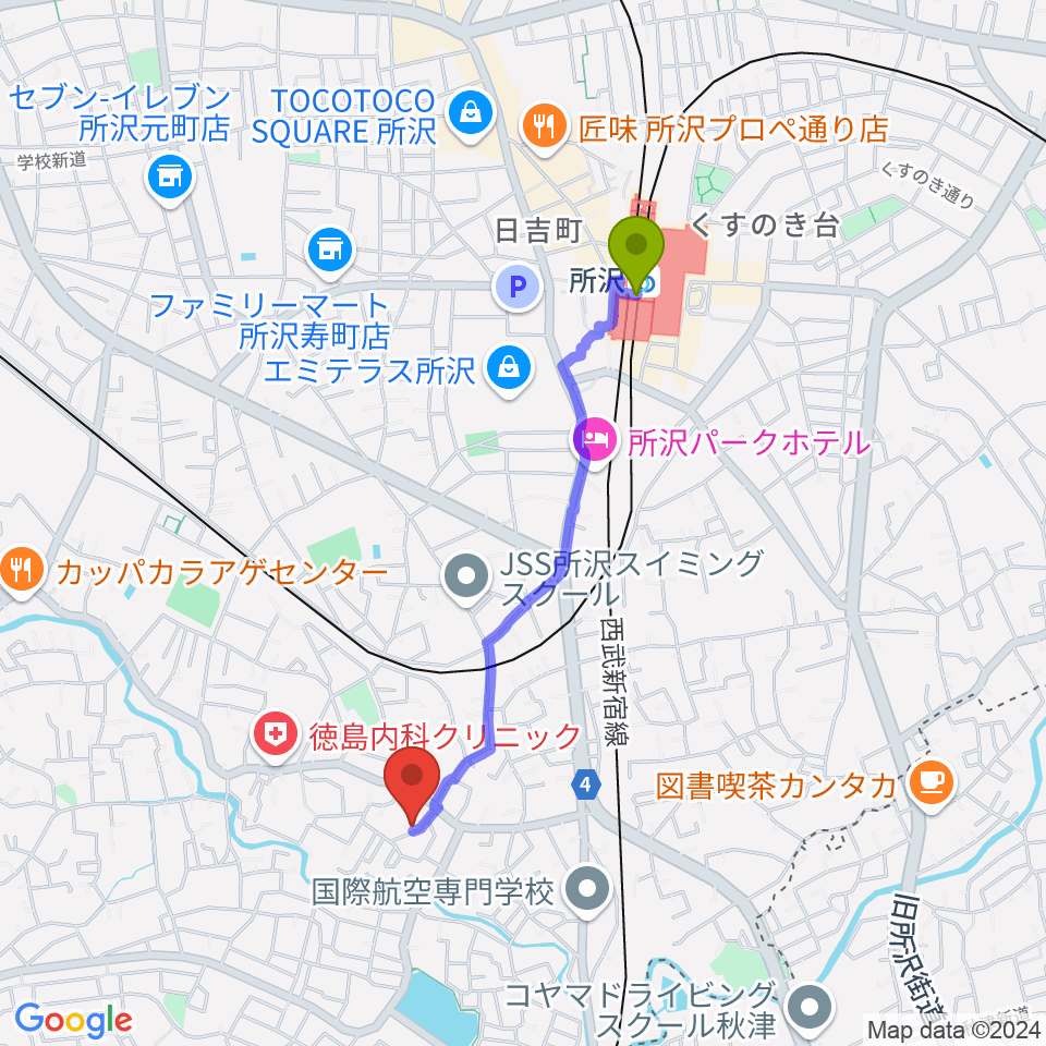 清水利憲ギター教室の最寄駅所沢駅からの徒歩ルート（約17分）地図