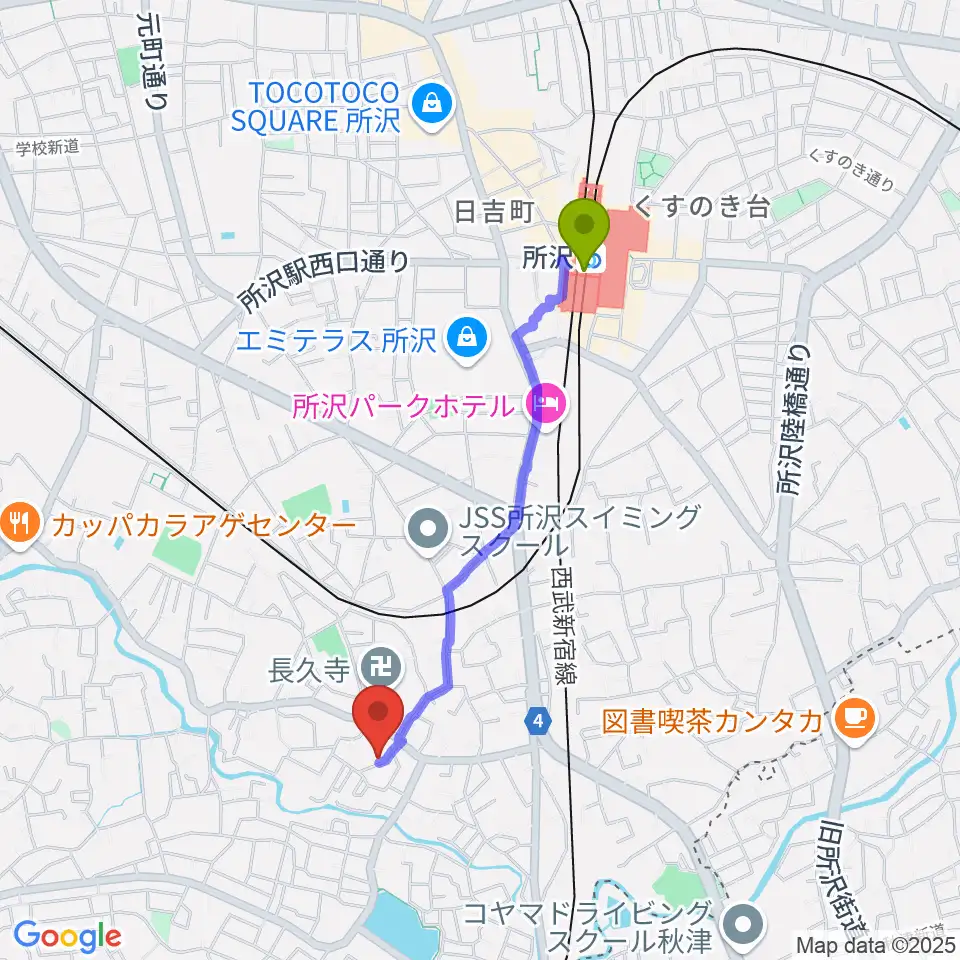 清水利憲ギター教室の最寄駅所沢駅からの徒歩ルート（約17分）地図