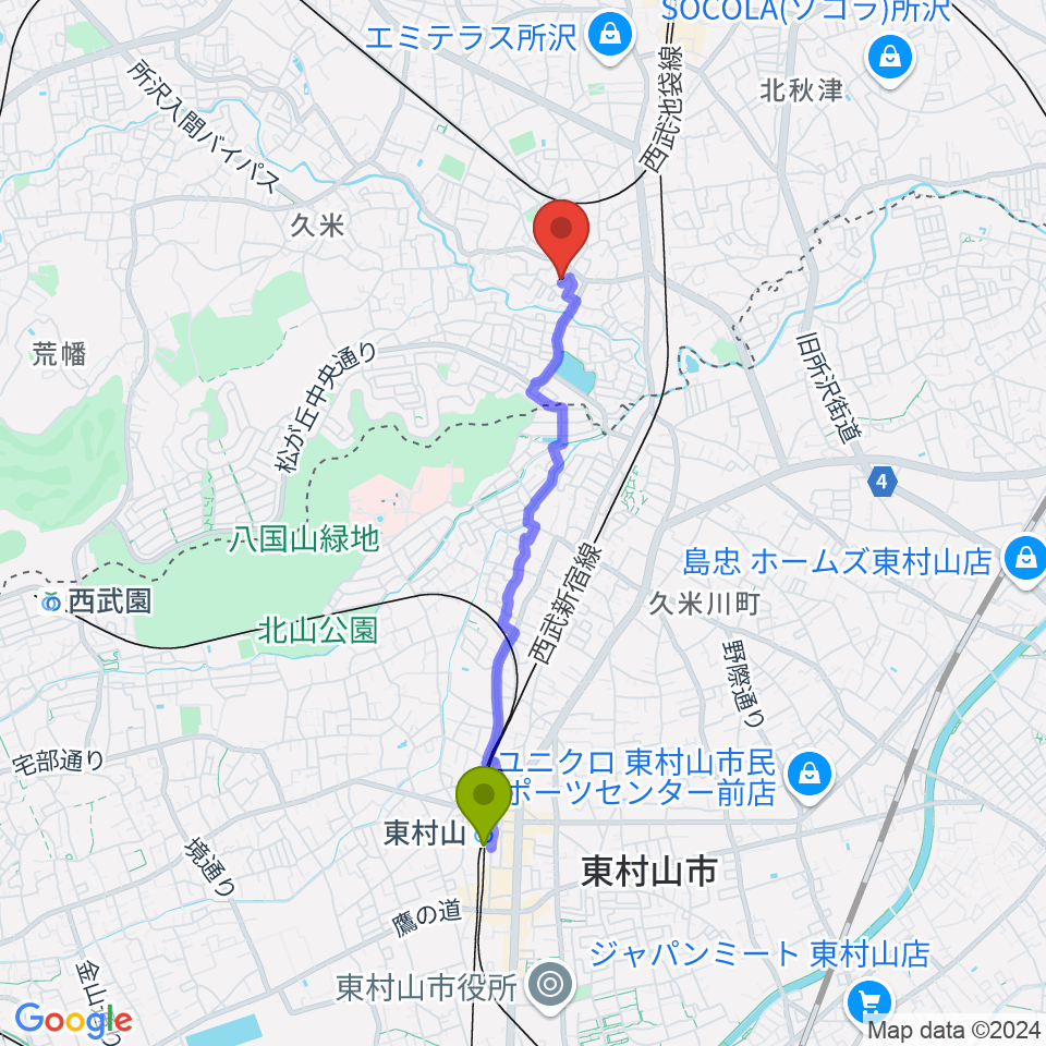 東村山駅から清水利憲ギター教室へのルートマップ地図