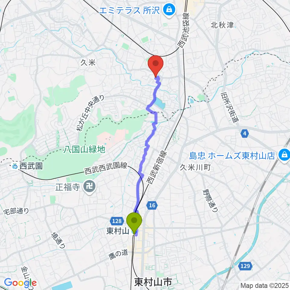 東村山駅から清水利憲ギター教室へのルートマップ地図