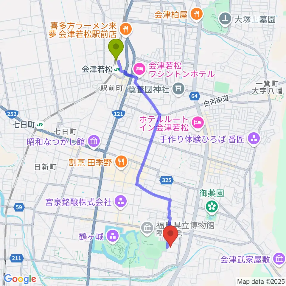 会津若松駅から會津風雅堂へのルートマップ地図