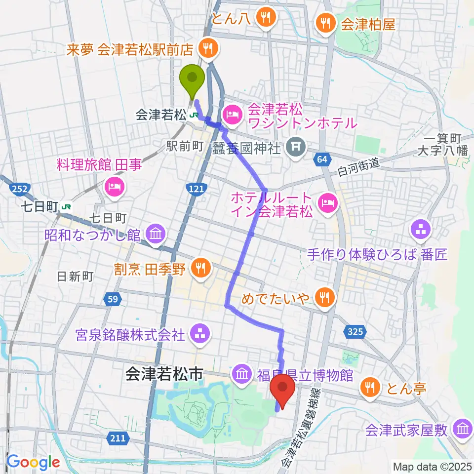 会津若松駅から會津風雅堂へのルートマップ地図