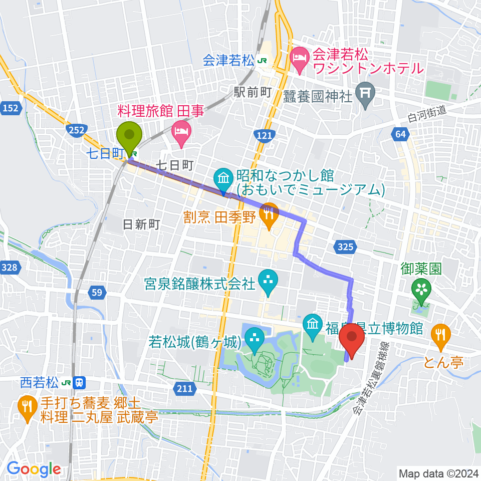 七日町駅から會津風雅堂へのルートマップ地図
