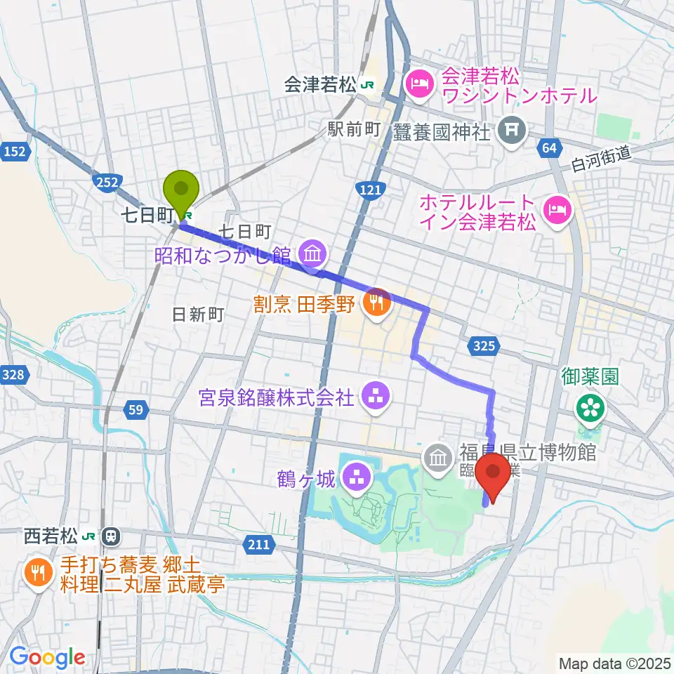 七日町駅から會津風雅堂へのルートマップ地図