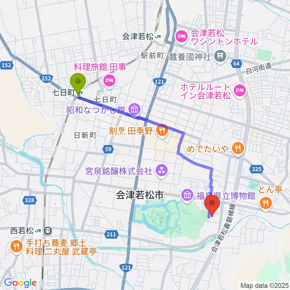 七日町駅から會津風雅堂へのルートマップ地図