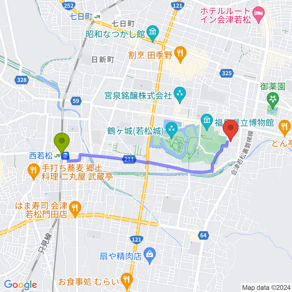 會津風雅堂の最寄駅西若松駅からの徒歩ルート（約35分）地図