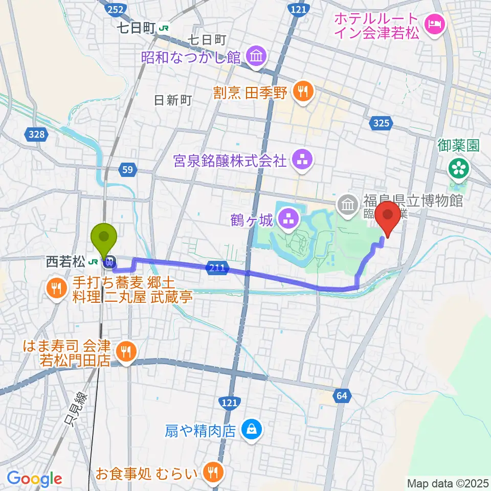 會津風雅堂の最寄駅西若松駅からの徒歩ルート（約35分）地図