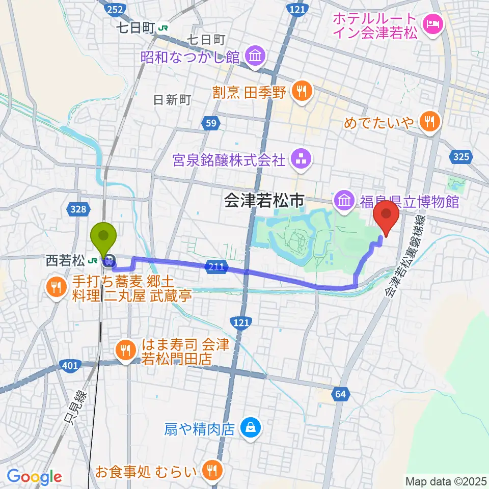 會津風雅堂の最寄駅西若松駅からの徒歩ルート（約35分）地図