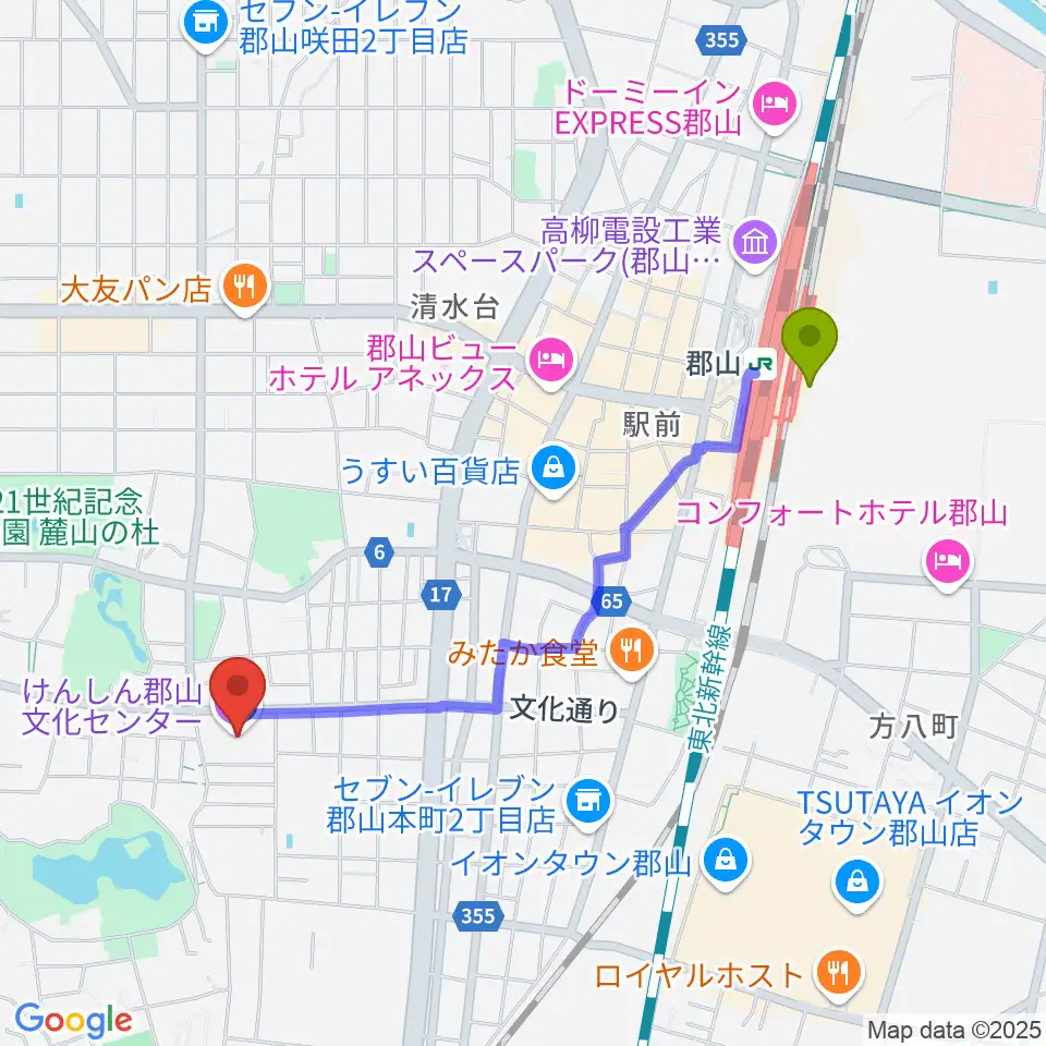 けんしん郡山文化センターの最寄駅郡山駅からの徒歩ルート（約19分）地図