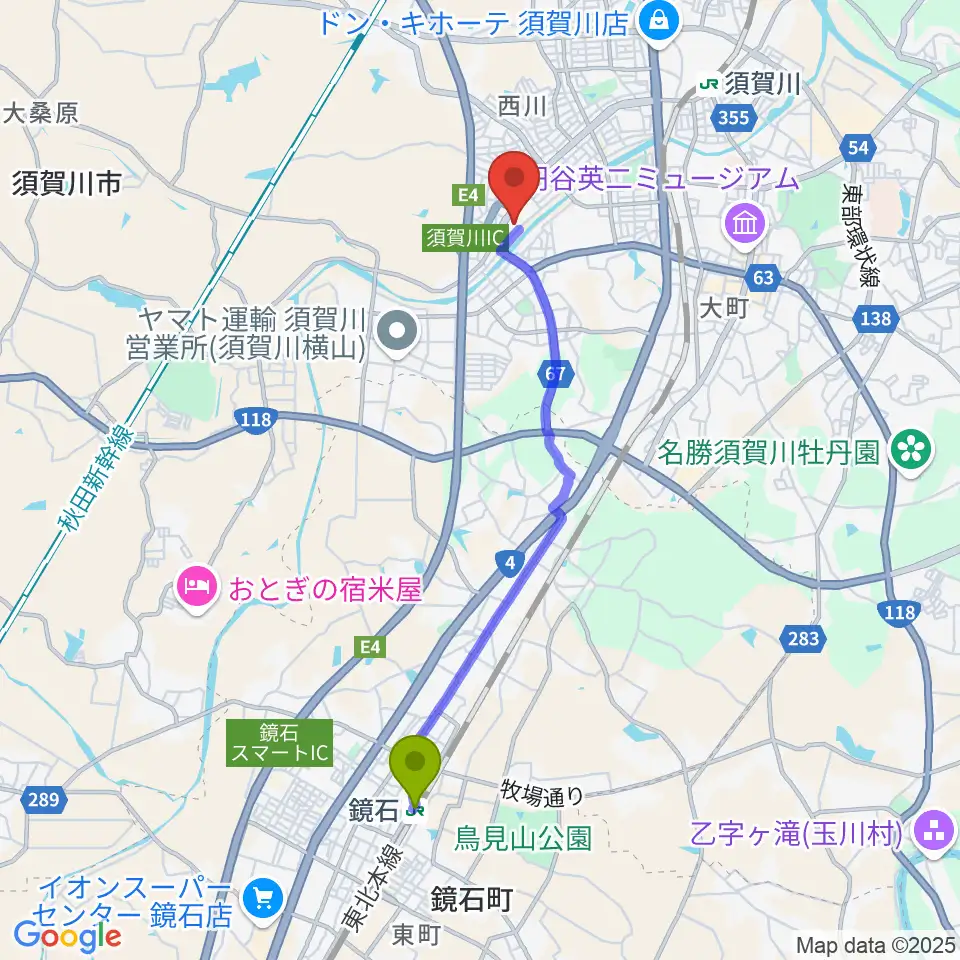 鏡石駅から須賀川市文化センターへのルートマップ地図