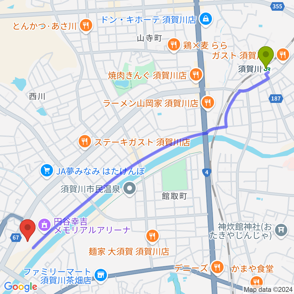 須賀川市文化センターの最寄駅須賀川駅からの徒歩ルート（約30分）地図