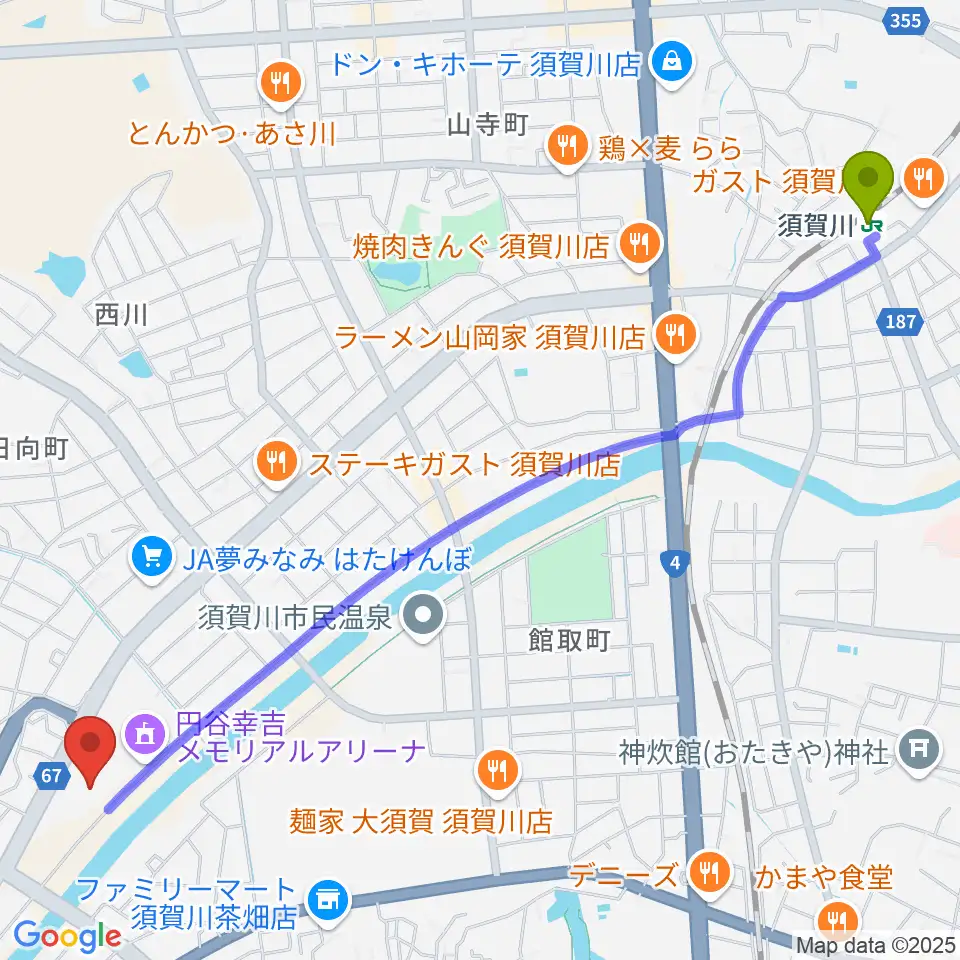 須賀川市文化センターの最寄駅須賀川駅からの徒歩ルート（約30分）地図