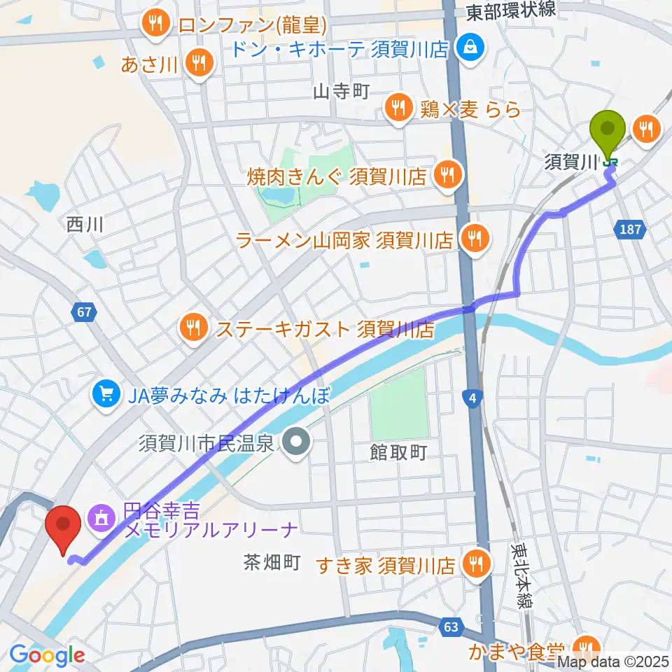 須賀川市文化センターの最寄駅須賀川駅からの徒歩ルート（約30分）地図